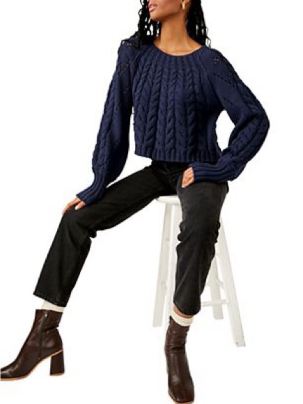 Free People Navy Pointelle and Cable Knit Sweater with Blouson Sleeves - Picture 2 of 13